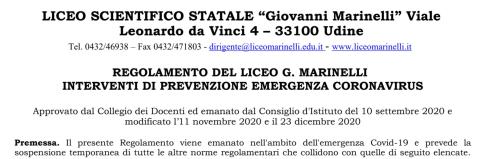 regolamento liceo Marinelli frontespizio